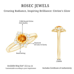 Natural Citrine Diamond Flower Engagement Ring with Certificate