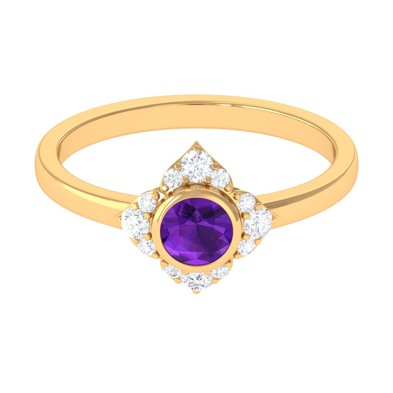 3/4 CT Bezel Set Amethyst Flower Engagement Ring with Diamond