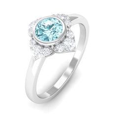 0.50 CT Bezel Set Aquamarine Flower Engagement Ring with Diamond