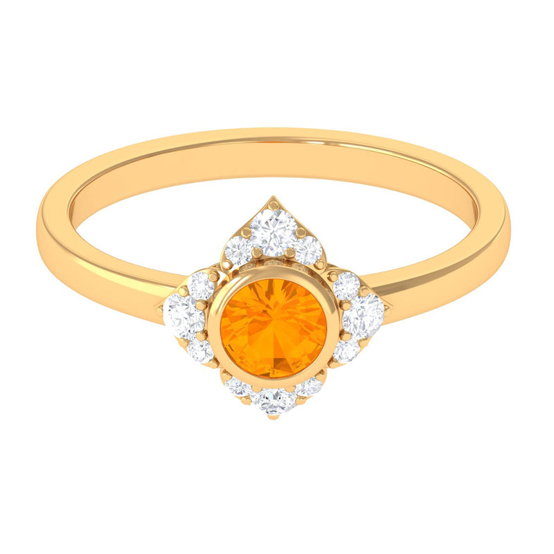 Bezel Set Orange Fire Opal Flower Engagement Ring with Diamond