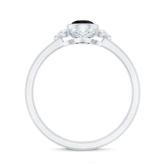 Real Bezel Set Black Spinel Flower Engagement Ring with Diamond