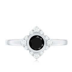 Real Bezel Set Black Spinel Flower Engagement Ring with Diamond