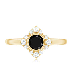 Real Bezel Set Black Spinel Flower Engagement Ring with Diamond