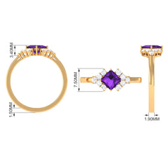 Princess Cut Amethyst Designer Engagement Ring with Diamond