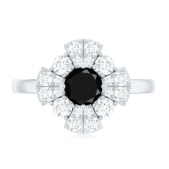 Natural Black Spinel Flower Engagement Ring with Moissanite
