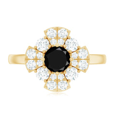 Natural Black Spinel Flower Engagement Ring with Moissanite