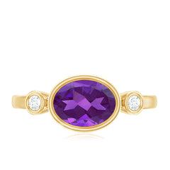 Bezel Set Oval Amethyst Solitaire East West Ring with Diamond