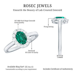 Classic 5X7 mm Oval Lab Grown Emerald Engagement Ring with Diamond Halo