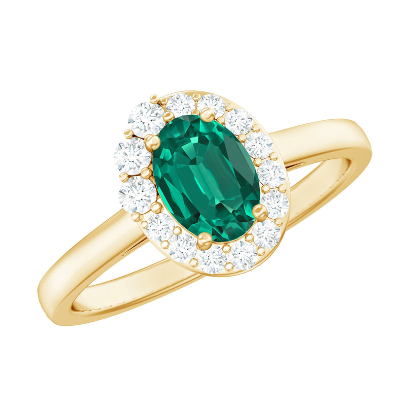 Classic 5X7 mm Oval Lab Grown Emerald Engagement Ring with Diamond Halo
