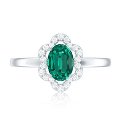 Certified Lab Grown Emerald Diamond Flower Engagement Ring With Diamonds