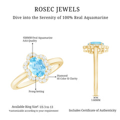 1.25 CT Oval Aquamarine Cocktail Engagement Ring with Diamond Floral Halo