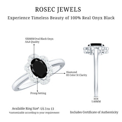 Certified Oval Cut 6X8MM Black Onyx Flower Engagement Ring with Diamond Halo