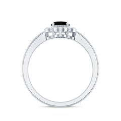 Certified Oval Cut 6X8MM Black Onyx Flower Engagement Ring with Diamond Halo