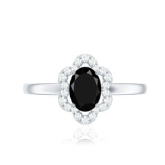 Certified Oval Cut 6X8MM Black Onyx Flower Engagement Ring with Diamond Halo