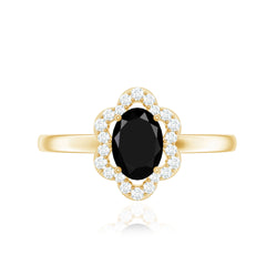 Certified Oval Cut 6X8MM Black Onyx Flower Engagement Ring with Diamond Halo