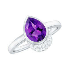 Bezel Set Amethyst Teardrop Cocktail Ring with Diamond Accent