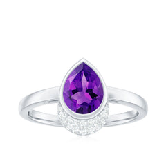 Bezel Set Amethyst Teardrop Cocktail Ring with Diamond Accent