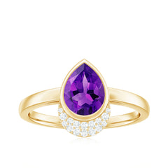 Bezel Set Amethyst Teardrop Cocktail Ring with Diamond Accent
