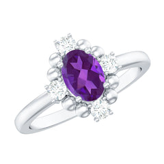 Oval Amethyst and Diamond Cocktail Ring with Beads