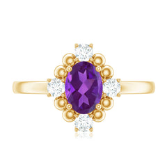 Oval Amethyst and Diamond Cocktail Ring with Beads