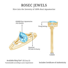 Pear Shape Aquamarine and Diamond Solitaire Ring in Split Shank