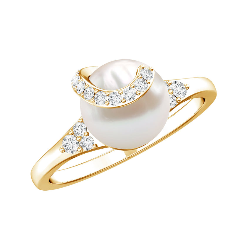 Elegant Freshwater Pearl Solitaire Ring with Diamond Trio