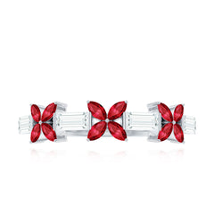 Marquise Cut Created Ruby and Moissanite Flower Half Eternity Ring