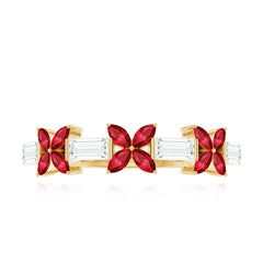 Marquise Cut Created Ruby and Moissanite Flower Half Eternity Ring