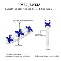 Marquise Cut Created Blue Sapphire and Moissanite Flower Half Eternity Ring