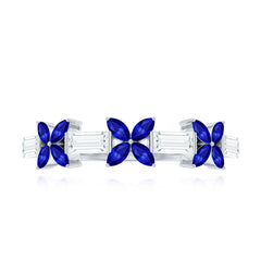 Marquise Cut Created Blue Sapphire and Moissanite Flower Half Eternity Ring