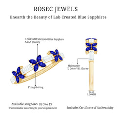 Marquise Cut Created Blue Sapphire and Moissanite Flower Half Eternity Ring
