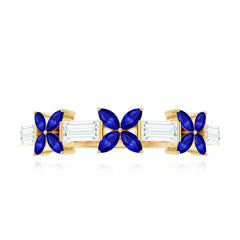 Marquise Cut Created Blue Sapphire and Moissanite Flower Half Eternity Ring