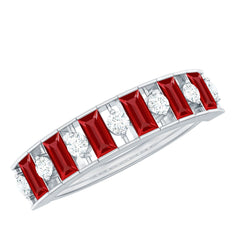 Baguette Cut Created Ruby Classic Half Eternity Ring with Diamond