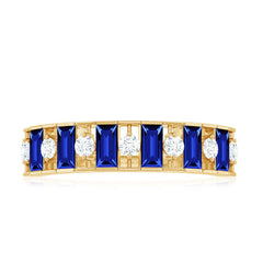 Baguette Cut Created Blue Sapphire Classic Half Eternity Ring with Diamond