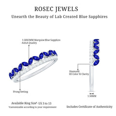 Certified Marquise Lab Grown Blue Sapphire Half Eternity Ring with Diamond