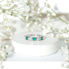 Real Emerald and Diamond Half Eternity Wedding Band in Bezel Set