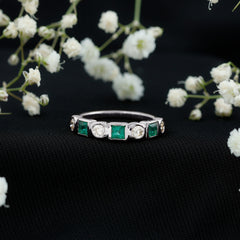 Real Emerald and Diamond Half Eternity Wedding Band in Bezel Set