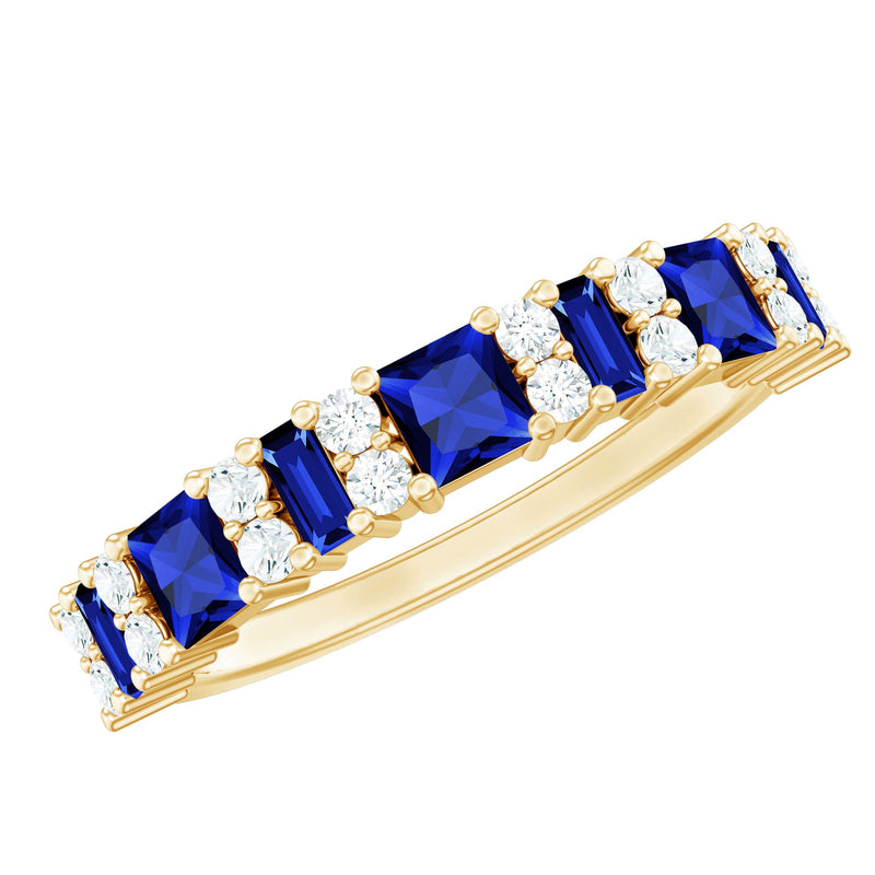 Certified Lab Grown Blue Sapphire Half Eternity Wedding Band with Diamond