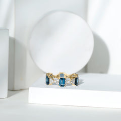 4X6mm Emerald Cut London Blue Topaz Designer Eternity Ring with Moissanite
