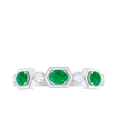 Classic Oval Emerald Diamond Half Eternity Band Ring in East West Style