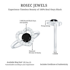 Genuine Black Onyx and Diamond Heart Engagement Ring