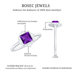 Princess Cut Amethyst and Diamond Flower Halo Ring