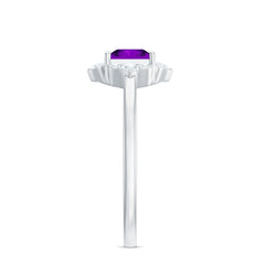 Princess Cut Amethyst and Diamond Flower Halo Ring