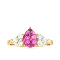 Pear Shaped Pink Tourmaline Solitaire Engagement Ring with Diamond Trio