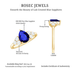 Certified 1.6 Carat Lab Grown Blue Sapphire Pear Engagement Ring with Diamond Trio