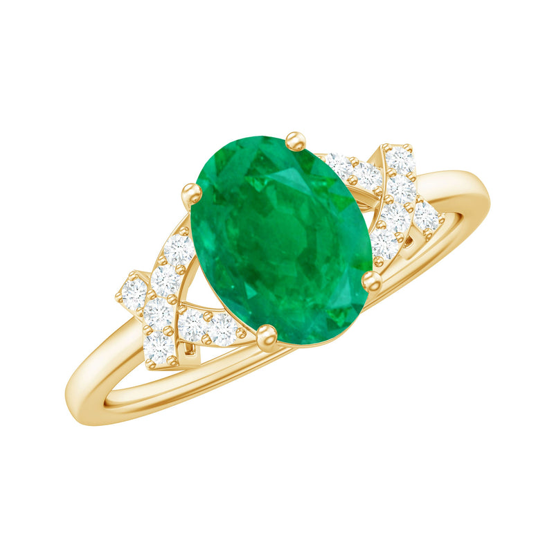 Real Solitaire Emerald Oval Engagement Ring with Diamond Split Shank