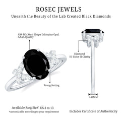 Oval Created Black Diamond Solitaire Ring with Diamond in Split Shank