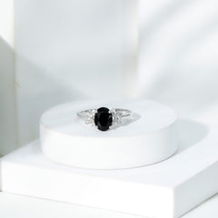 Oval Created Black Diamond Solitaire Ring with Diamond in Split Shank