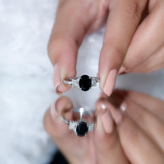 Oval Created Black Diamond Solitaire Ring with Diamond in Split Shank