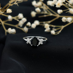 Oval Created Black Diamond Solitaire Ring with Diamond in Split Shank